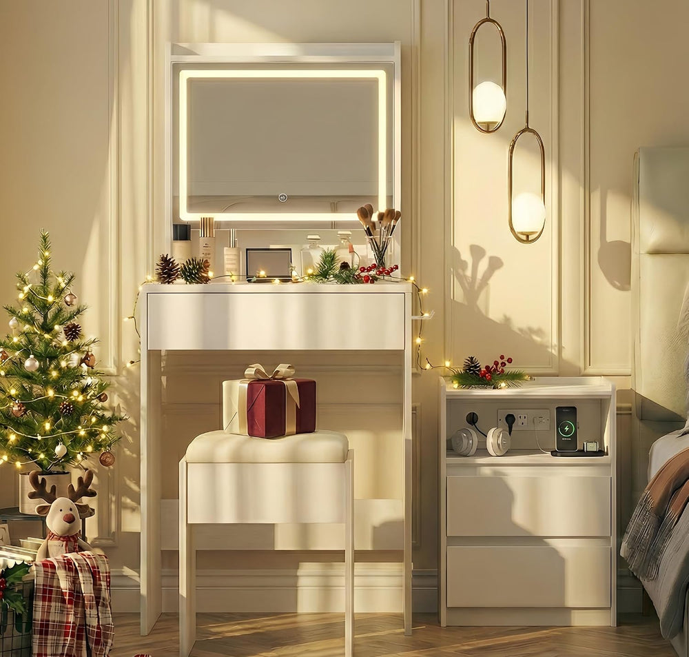 Small Vanity Desk with Lighted Mirror & Charging Station, 24" White ...