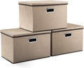 PRANDOM Large Collapsible Storage Bins with Lids [3-Pack] Jute Fabric Foldable Storage Boxes Organizer Containers Baskets Cube with Cover for Home Bedroom Closet Office Nursery (17.7x11.8x11.8)