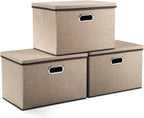 PRANDOM Large Collapsible Storage Bins with Lids [3-Pack] Jute Fabric Foldable Storage Boxes Organizer Containers Baskets Cube with Cover for Home Bedroom Closet Office Nursery (17.7x11.8x11.8)