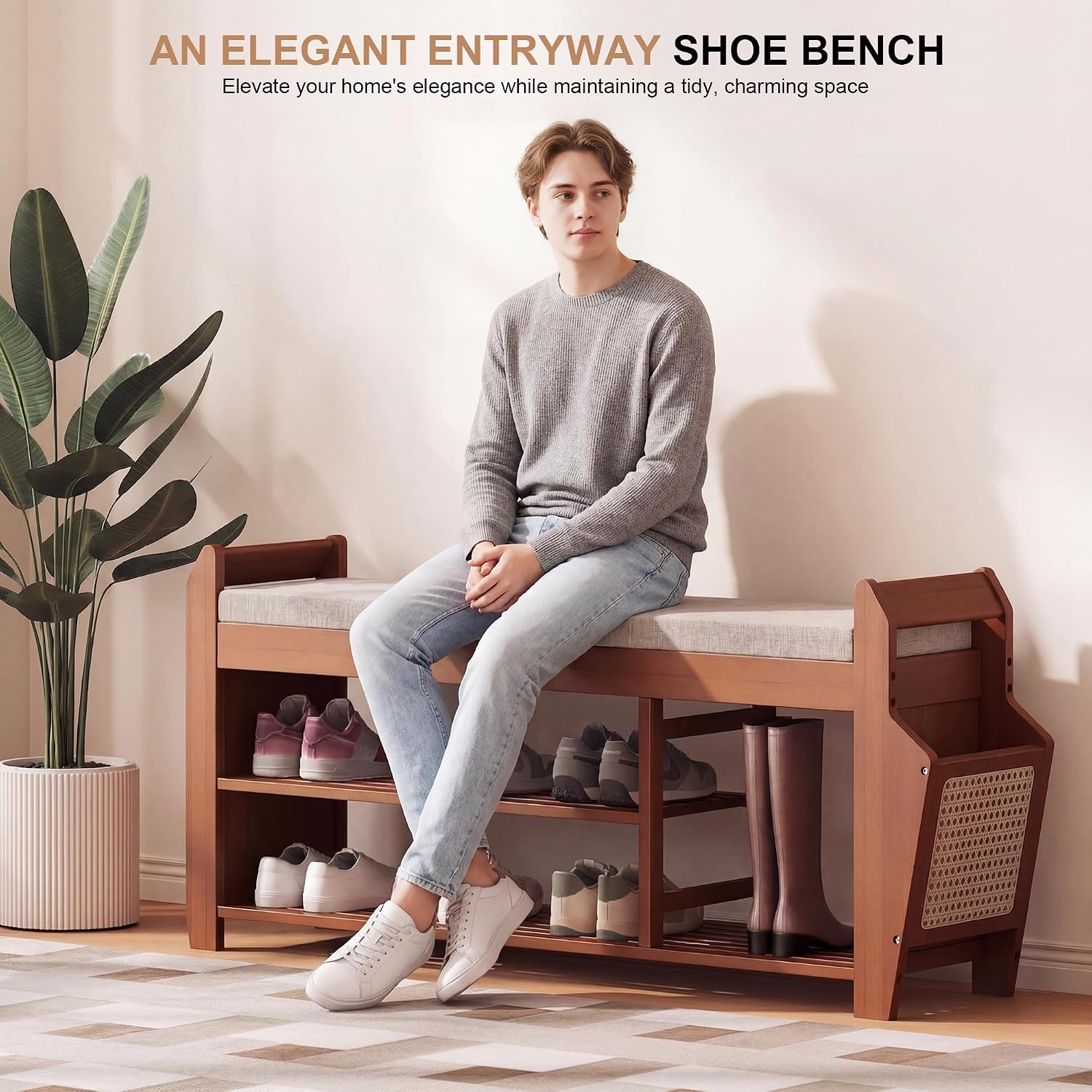PETKABOO 39.4" Bamboo Shoe Rack Bench, 3-Tier Entryway Bench with Thick Cushion, Flip-Top & Side Storage, Holds Up to 550 LBS for Hallway, Living Room, Bedroom