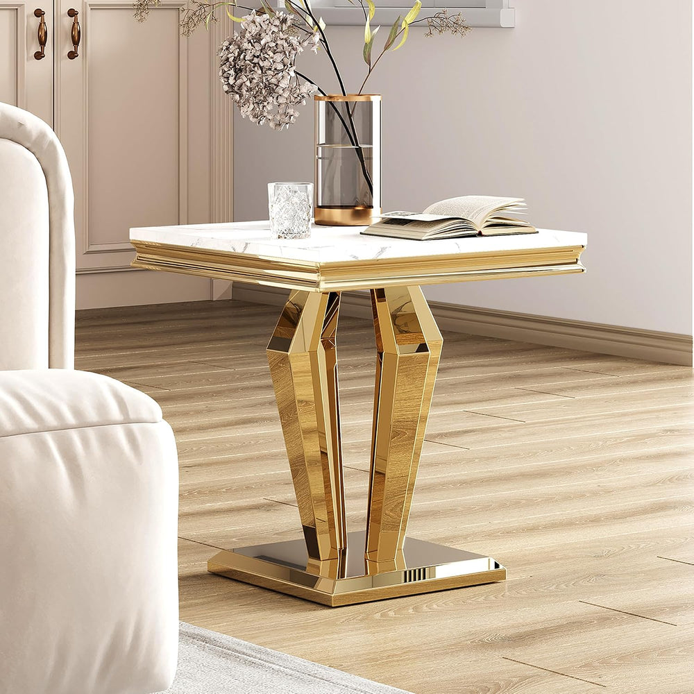Faux Marble End Table, Modern 23" Square Side Table with Marble Tabletop...