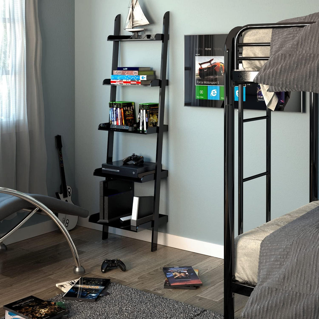 Ballucci 5-Tier Ladder Shelf, Modern 67" Tall Wood Leaning Shelf Organizer for Living Room, Bathroom, Office, Bedroom - Black