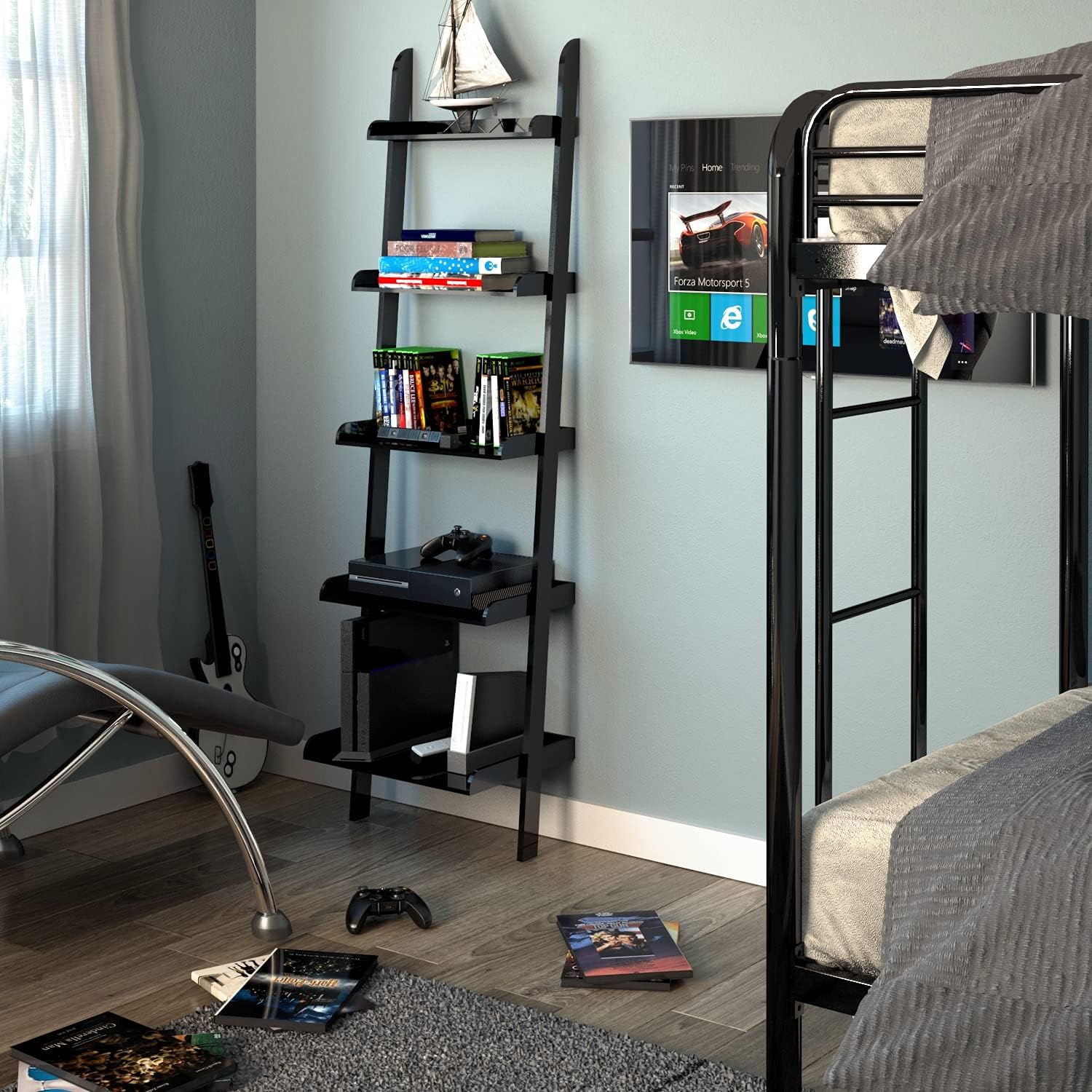 Ballucci 5-Tier Ladder Shelf, Modern 67" Tall Wood Leaning Shelf Organizer for Living Room, Bathroom, Office, Bedroom - Black