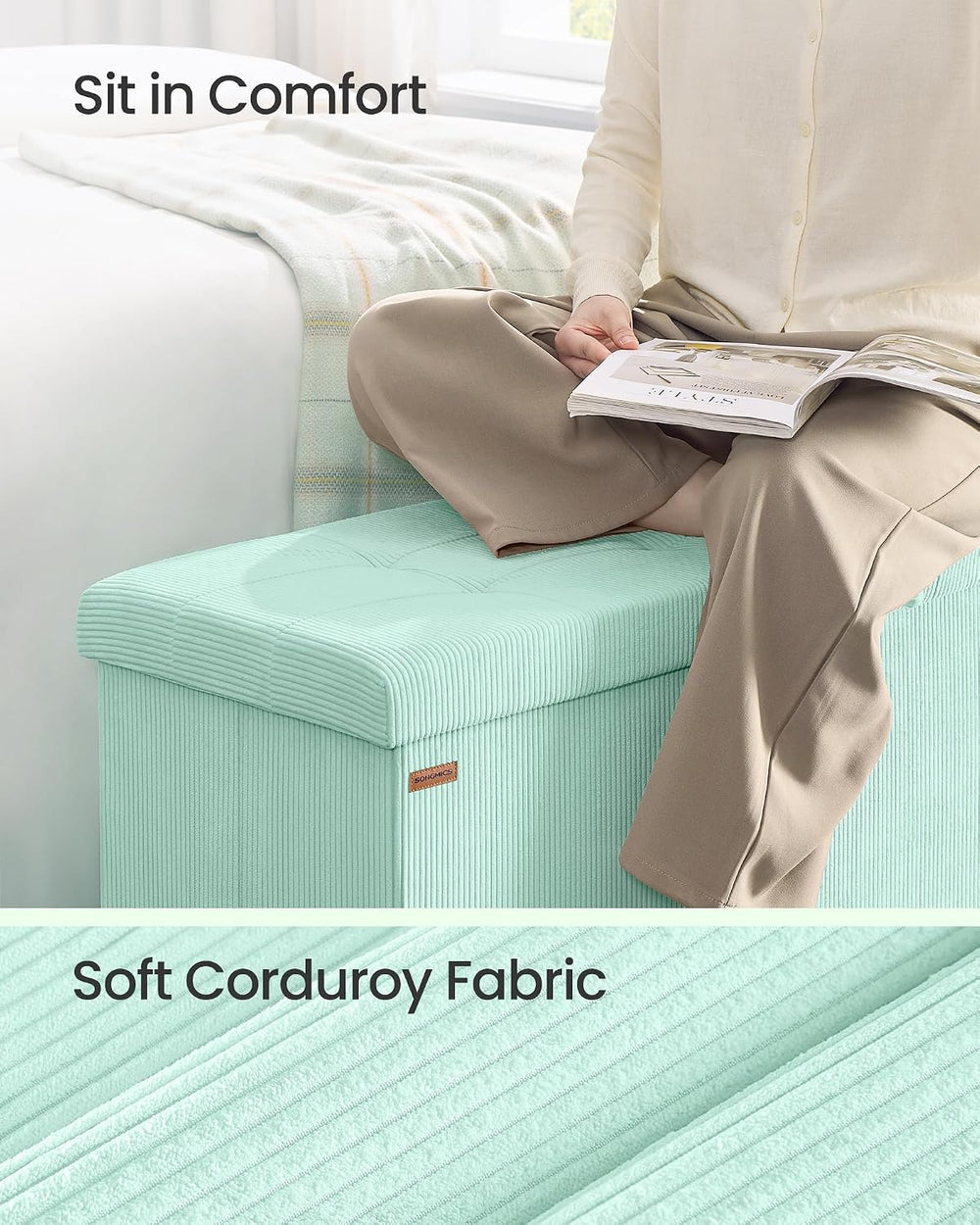 SONGMICS Ottoman Storage Bench, 43 Inch Foldable Foot Rest | Corduroy, for En...