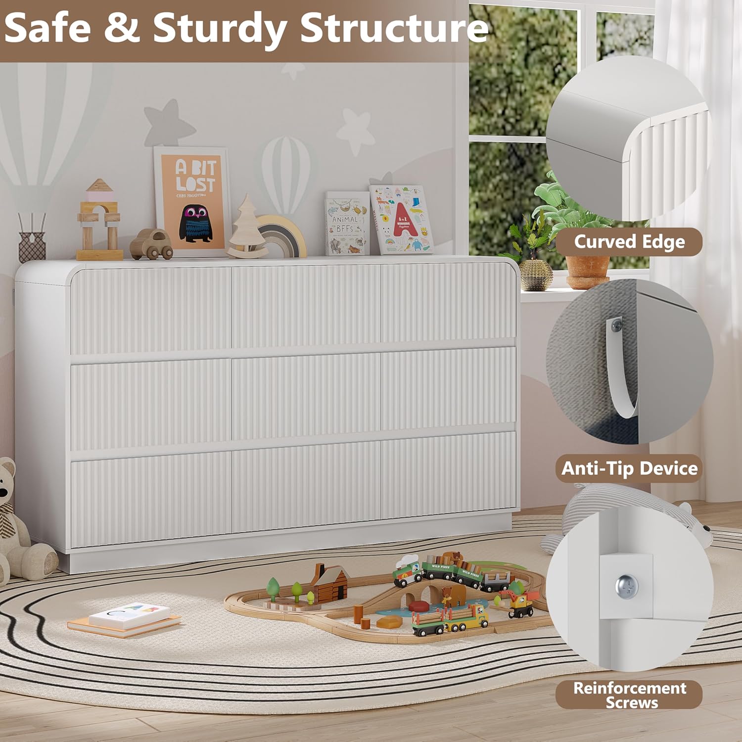 Dresser for Bedroom with 9 Drawers, Fluted Chest of Drawers with Round Curved Corner, Hidden Handles, Modern Wood Storage Organizer for Bedroom, Nursery, Living Room