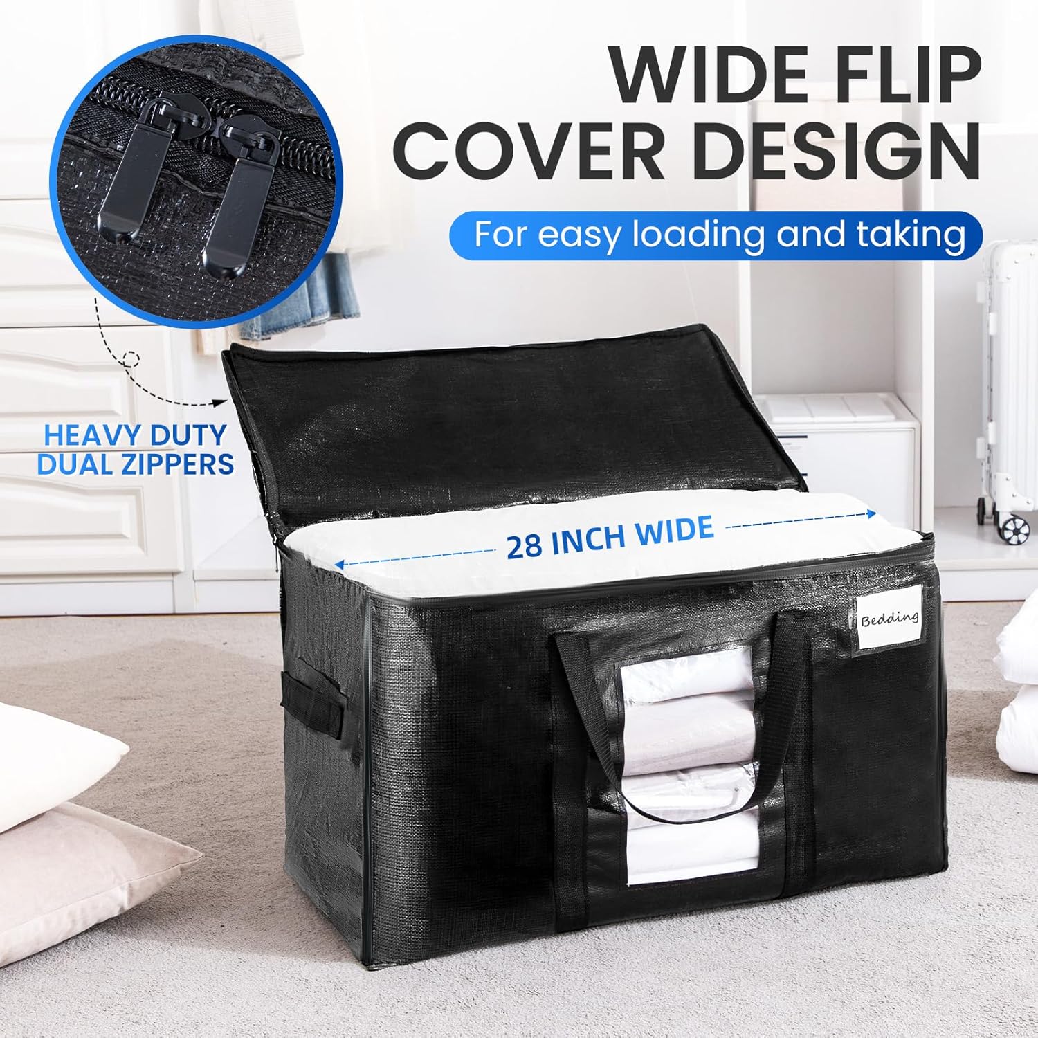 TAILI Extra Large Moving Bags, 10 Pack Black Heavy Duty Totes for Storage with Visible Window, Wrap Around Handles, Storage Bags for Space Saving, Alternative to Moving Boxes