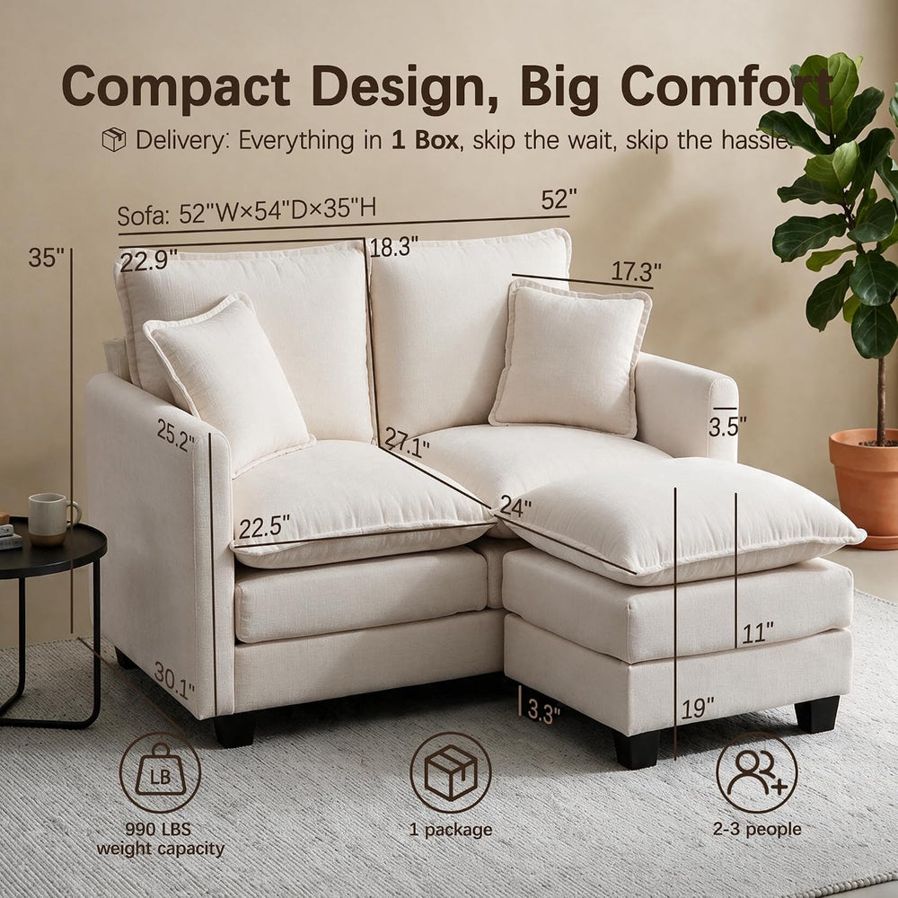 52" Loveseat Sofa, L-Shaped Cloud Love Seat Couches with Ottoman