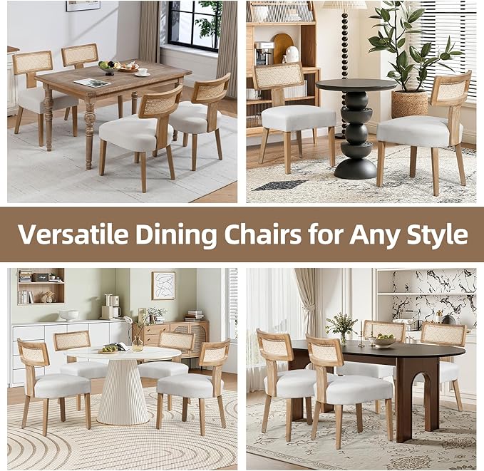 Mid-Century Modern Rattan Dining Chairs Set of 2 – Farmhouse Linen Upholstered Accent Chairs with Curved Backrest, Solid Hardwood Frame, and Comfortable Seat for Kitchen & Dining Room – Beige