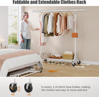 Heavy Duty Clothes Rack, 530 lbs Load Capacity Metal Garment Rack on Wheels - Collapsible Adjustable Portable Storage with Hooks, White