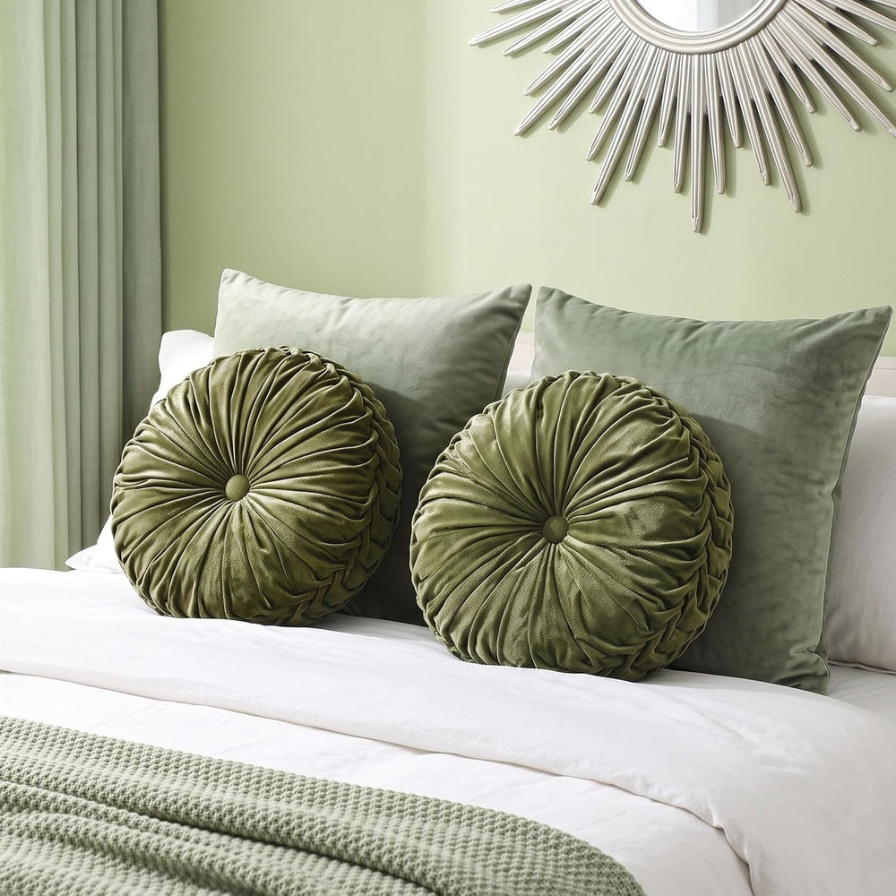 Drydiet 2 Pcs Round Throw Velvet Pillow (Dark Olive Green, 15'')