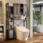 Over The Toilet Storage Cabinet with Doors - 7 Tier Bathroom Organizer with Adjustable Shelf, Freestanding Space Saver Rack Above Toilet Stand with 4 Hooks for Bathroom, Restroom, Laundry, Grey Oak