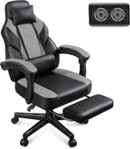 Gaming Chair for Adults, Grey Video Game Chair with Footrest, Big and Tall Gaming Chair Heavy Duty Computer Chair with Massage Lumbar, Ergonomic Adjustable Height and 360° Swivel, PU Leather, Grey