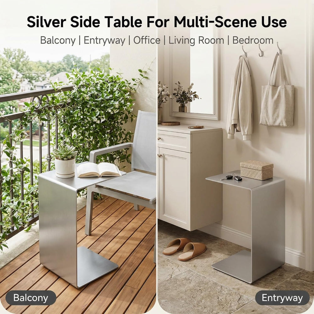 Modern Side Table Silver Coffee Table, Metal C-Shaped End Table with Smooth S...