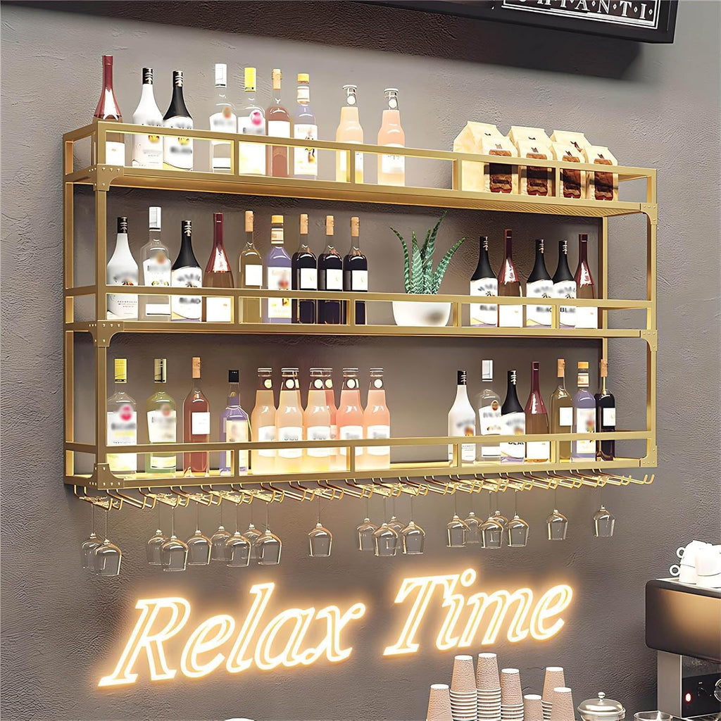 Wall Mounted Wine Rack, Floating Industrial Liquor Glass Holder 3 Tiers, Large Metal Wine Bottle Display Rack Hanging Shelf, for Home Bar Dining Room Decorative (Gold, 47.24x35.43x9.84in)