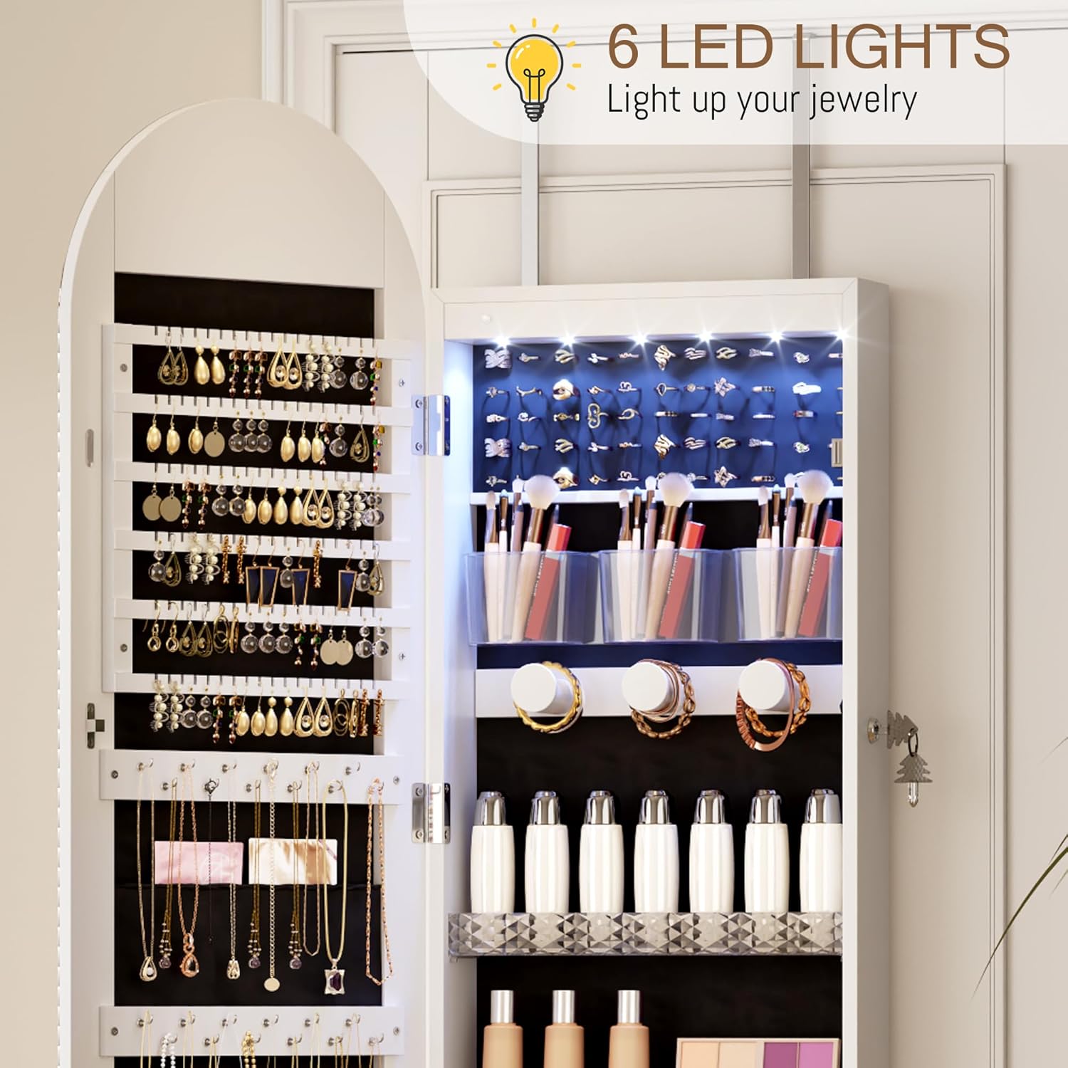 LVSOMT Wall Mounted Jewelry Organizer Lockable, 43"x16" Door Hanging Arched Mirror with Lights and Jewelry Storage, 6 LEDs Jewelry Cabinet (White)