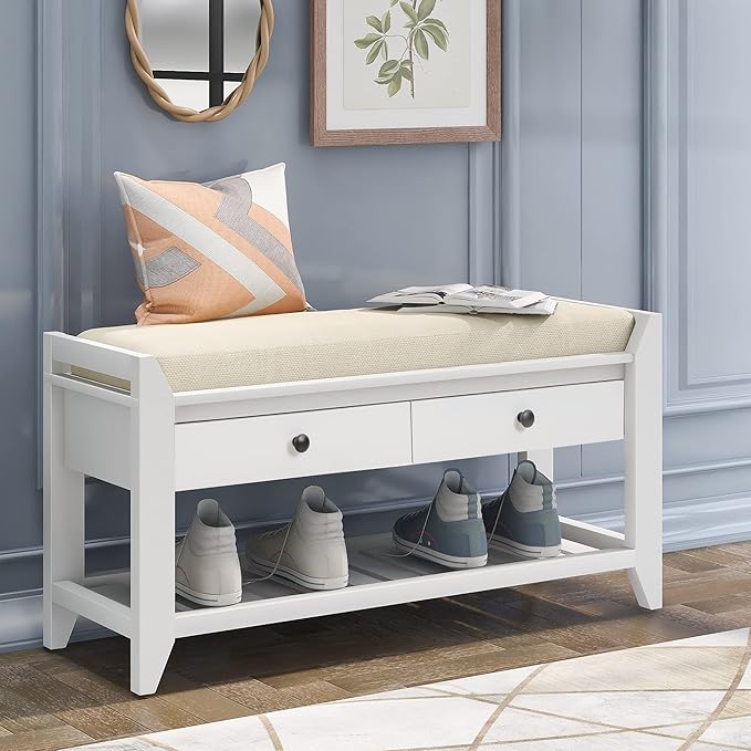 39″ Storage Bench with Cushioned Seat and Drawers,Multipurpose Wooden Entryway Ottoman,Hidden Compartment Organizing Shoe Rack,for Bedroom Hallway Porch,White