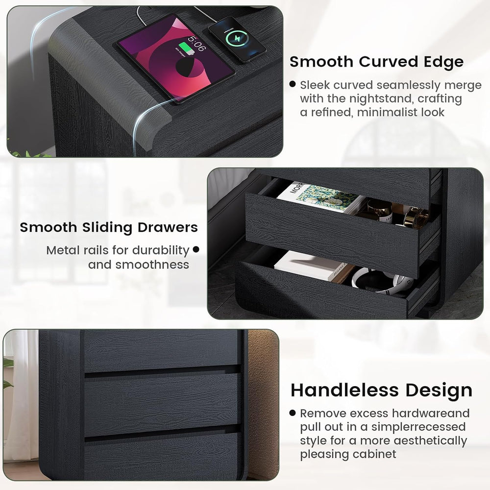Standifurno Black Curved Night Stand Set of 2 with Charging Station, 25"...