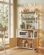 VASAGLE Kitchen Bakers Rack with Power Outlet, Coffee Bar with 35.4-Inch High Worktop, Microwave Stand with 8 Hooks, 15.7 x 31.5 x 66.9 Inches, Golden Oak and Cloud White UKKS059Y01