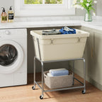 ELYKEN Laundry Cart with Wheels, Rolling Laundry Hamper with Removable Bag and Shelf, Metal Frame Laundry Basket with 4 Casters and 2 Brakes, Ideal for Bedroom, Bathroom, Laundry Room, Cream
