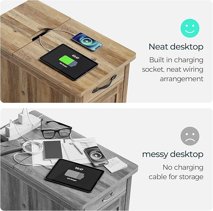 LINSY HOME Farmhouse End Table with Charging Station, Narrow Side Table for L...
