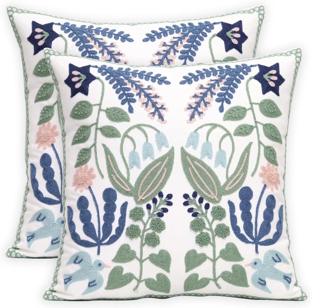 Pack of 2 Embroidered Decorative Throw Pillow Cover 18x18 Inch Farmhouse Flor...