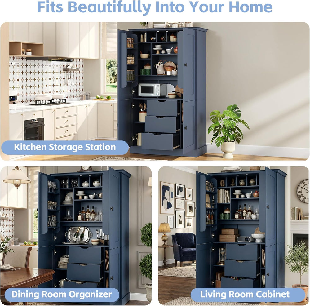 71" H Large Kitchen Pantry with 4 Doors, Freestanding Buffet with 3 Draw...