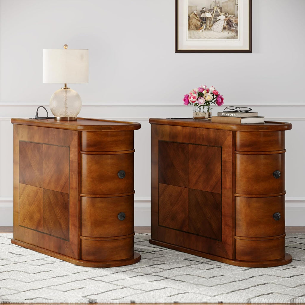 Solid Wood End Table with Charging Station, No Assembly Required Narrow Sofa Side Table for Living Room, Vintage Slim Nightstand Bedside Table (2 Drawers, Brown, 1Pc)