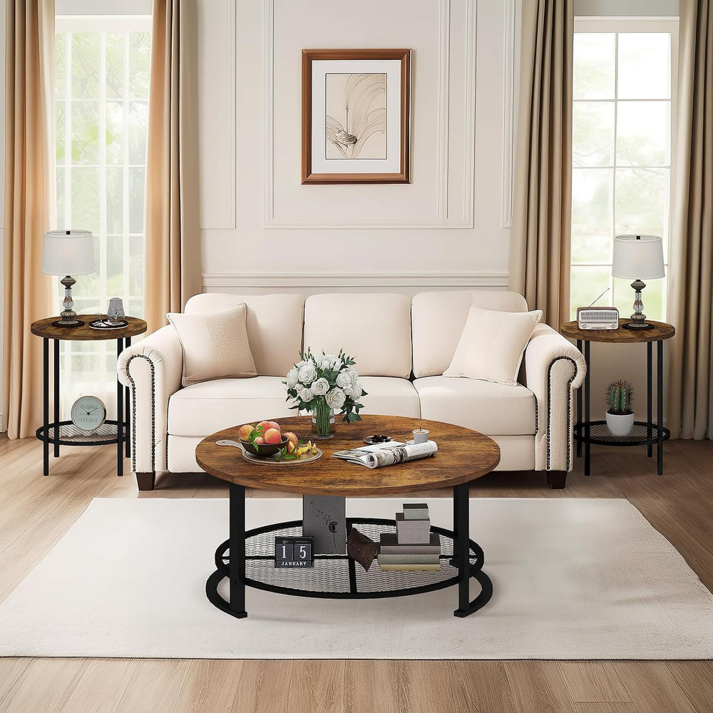 Recaceik Round Coffee Table and End Table Set of 3 with Storage, Modern Vinta...