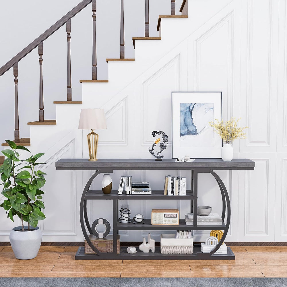 63” Industrial Console Table with 4-Tier Display Shelves, Narrow Long Sofa Ta...