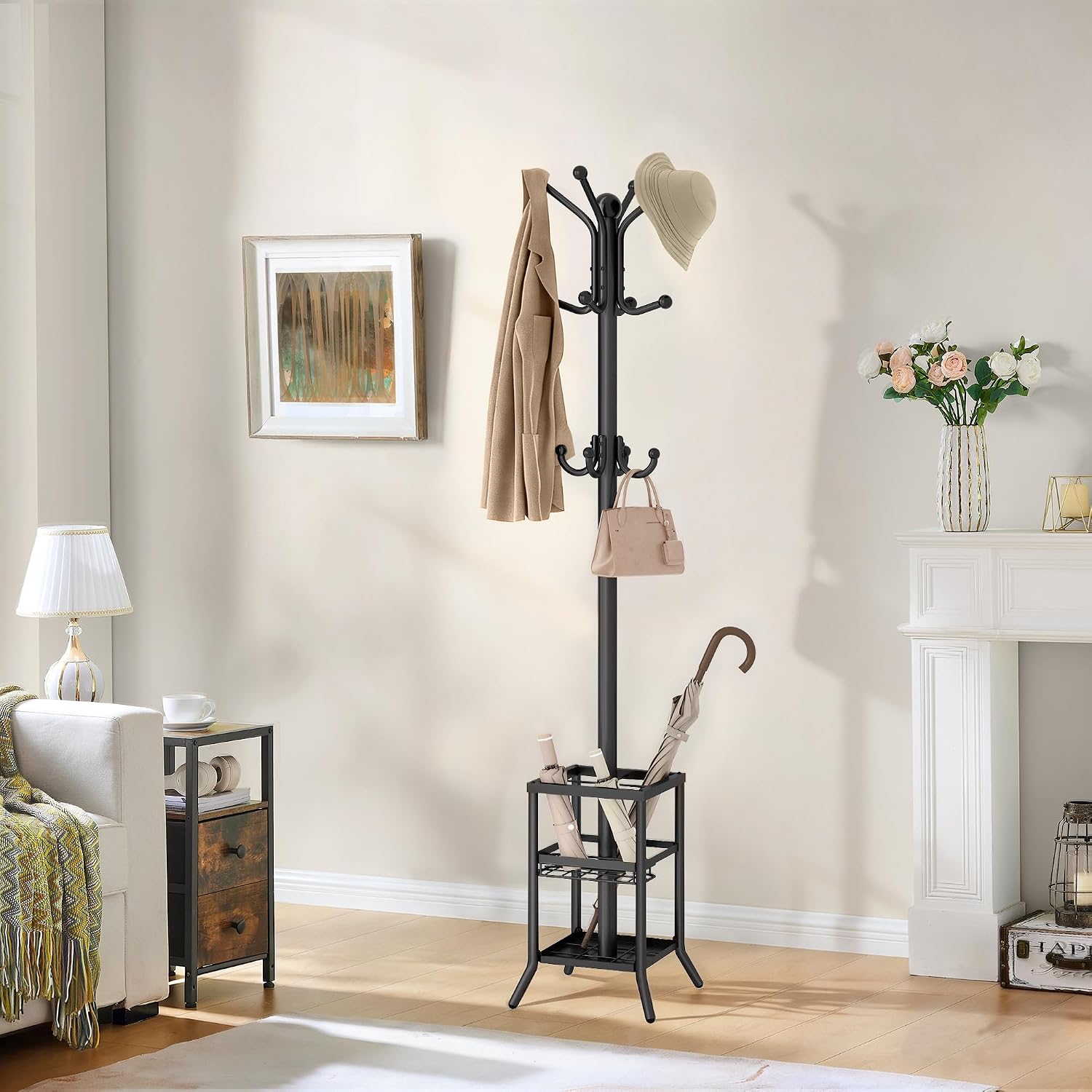 FAVOOSTY Coat Rack Freestanding,Coat Rack Stand with Umbrella Holder,Metal Coat Tree with 12 Hooks,Tree Clothes Hat for Entryway, Hallway, Bedroom, Living Room & Office -Black