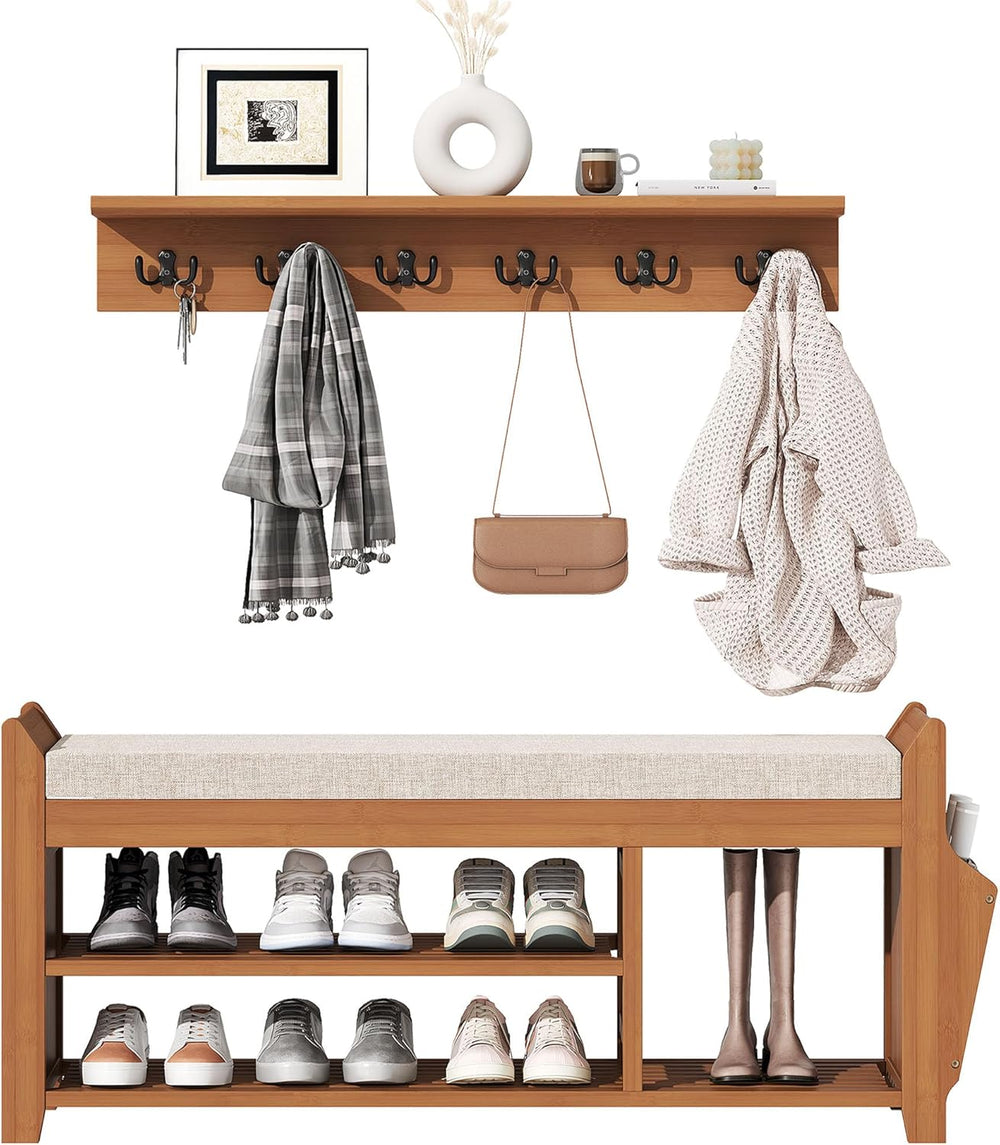 PETKABOO 39.4" Shoe Bench with Coat Rack Hidden Drawer and Side Holder, ...