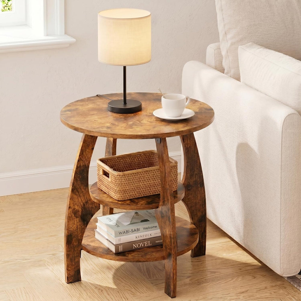 Masupu Round Side Table, 3-Tier Wood End Table, 19.7 inch Accent Table, Mid C...