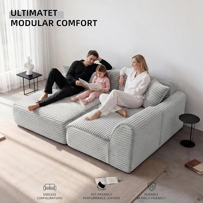 Modular Floor Sofa, Cozy Corduroy Sectional Couch with Fully Washable Covers, Frameless L Shaped Couch for Living Room, Family & Pet Friendly Lounge, No Assembly(Light Gray,Left Facing Chaise)