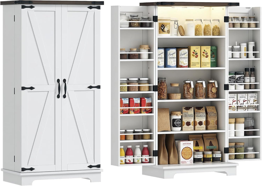 HOMCOM 47" LED Kitchen Pantry Cabinet with Barn Door 5 Deep Shelves Whit...
