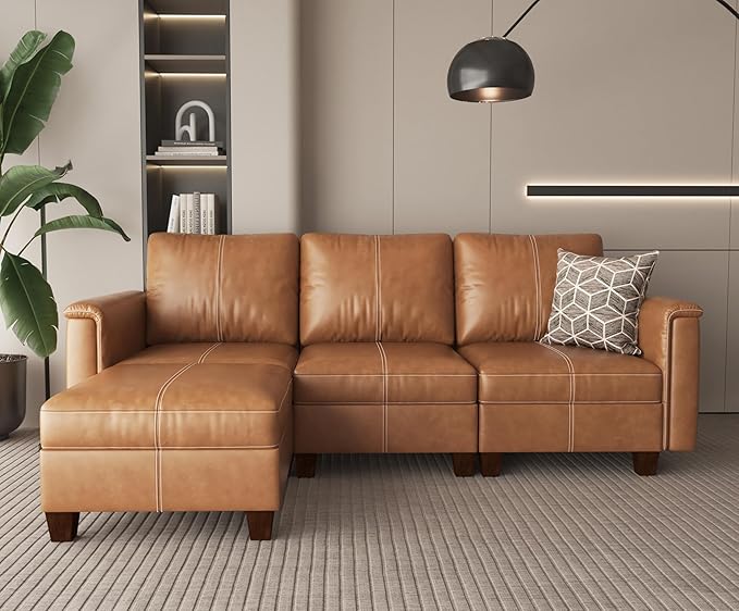 SITJOY 91" Faux Leather Modular Sectional Sofa with Storage, Mid Century Modern Sectional Couches for Living Room, Soft Padded Armrests, 3 Seater L-Shaped Couch with Ottoman, Brown