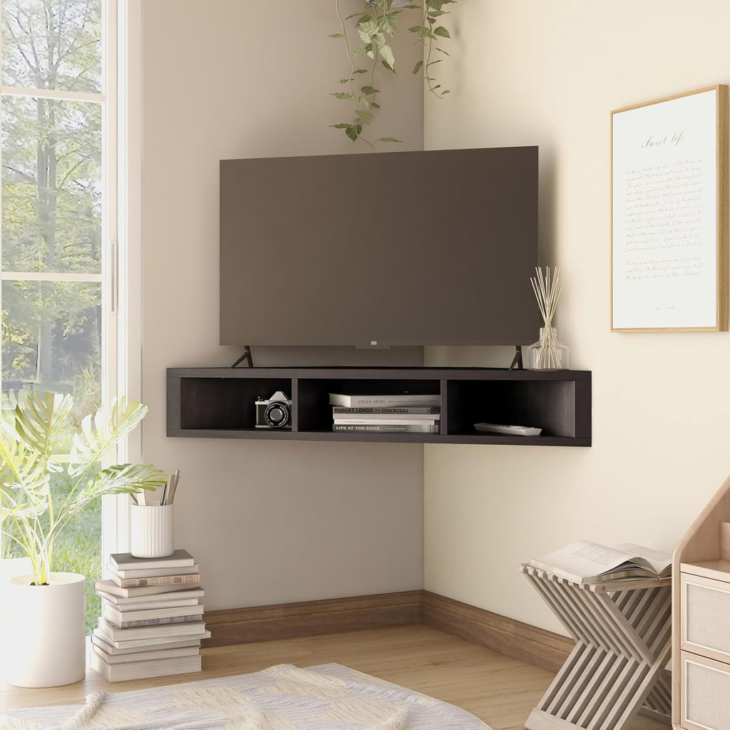 24/7 Shop at Home French 47 inch Modern Floating TV Stand with Storage, Floating Corner Shelf for Wall, Wood Entertainment Center with Shelves for Living Room, Bedroom, Family, Cappuccino Brown