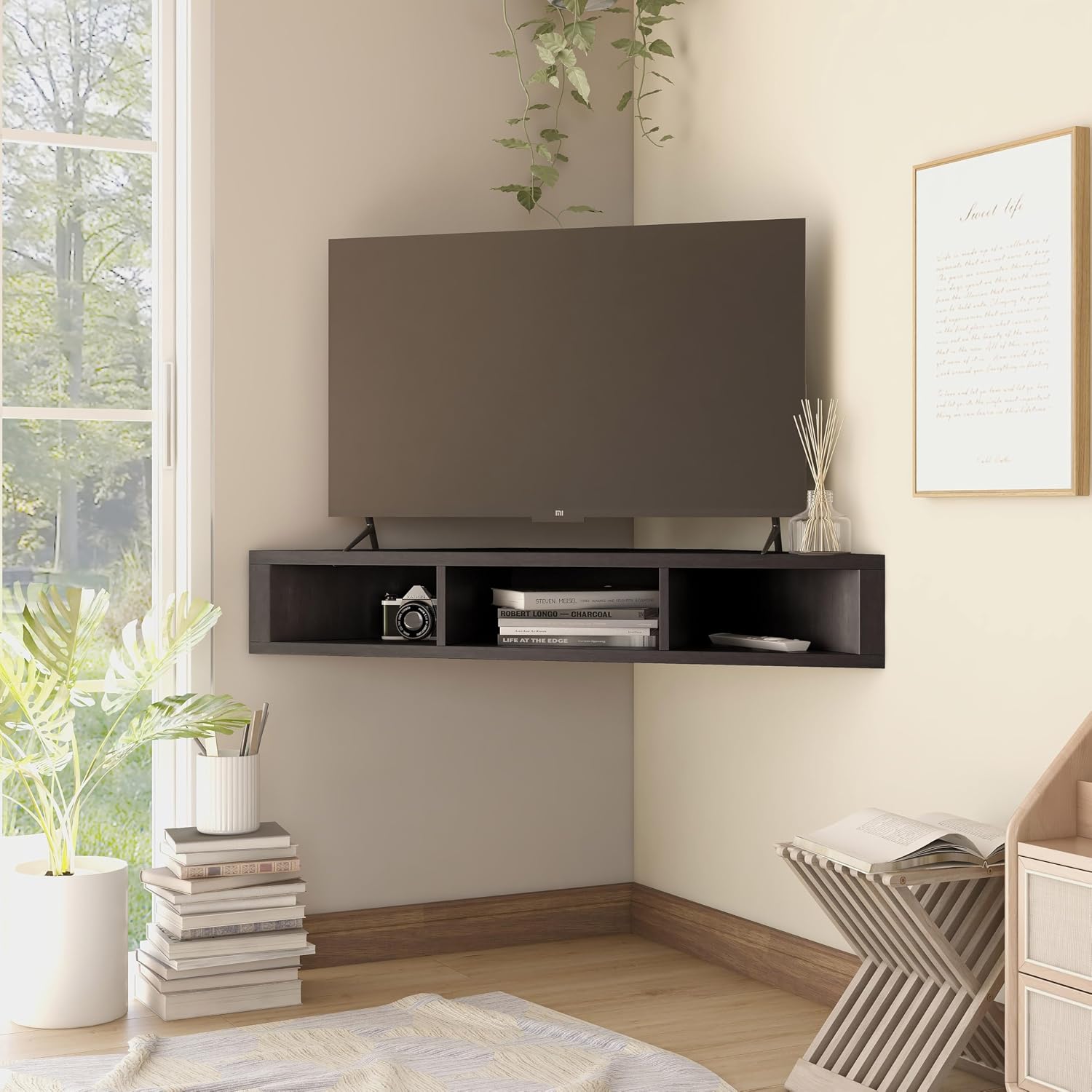 24/7 Shop at Home French 47 inch Modern Floating TV Stand with Storage, Floating Corner Shelf for Wall, Wood Entertainment Center with Shelves for Living Room, Bedroom, Family, Cappuccino Brown