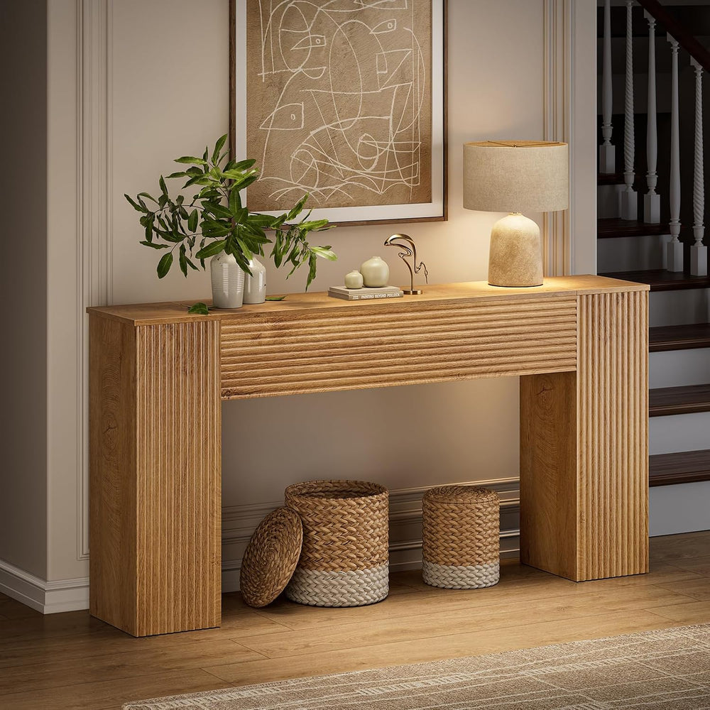 FABATO 61” Fluted Long Console Table with 2 Hidden Storage Cabinets, Wood | W...