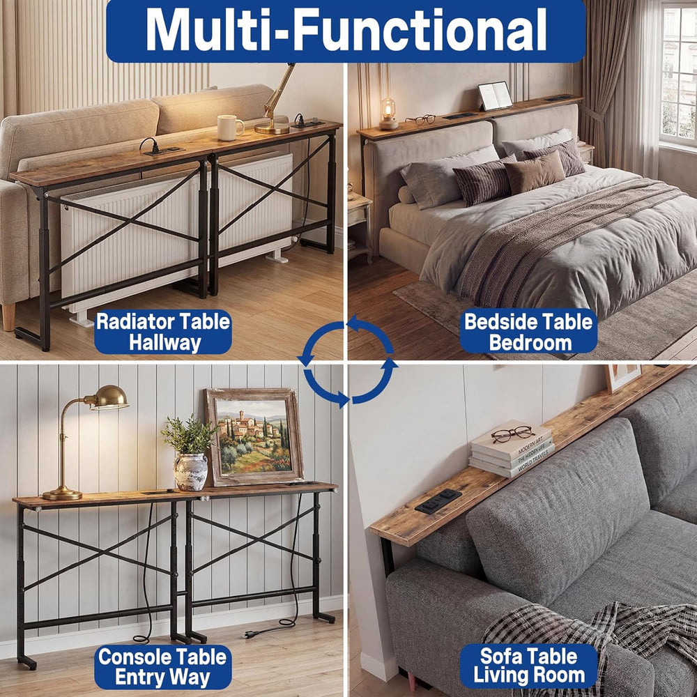 78.8inch Adjustable Height Narrow Sofa Side Table with 2 Power Outlets, Couch...