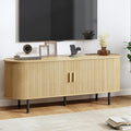 55" TV Stand with Power Outlet, Modern Media Console with Sliding Doors, Entertainment Center for TVs up to 60 Inch, Adjustable Shelves, Oak