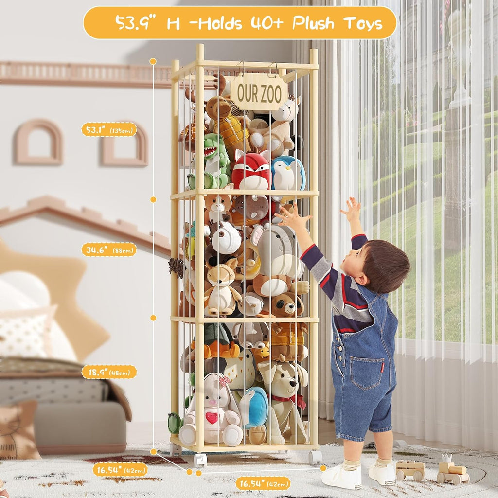 Stuffed Animal Storage, Wood Stuffed Animal Zoo with Wheels & Net, Toy Storage Organizer with Elastic Band, Large Capacity Toy Holder for Nursery, Playroom (3-Layers)