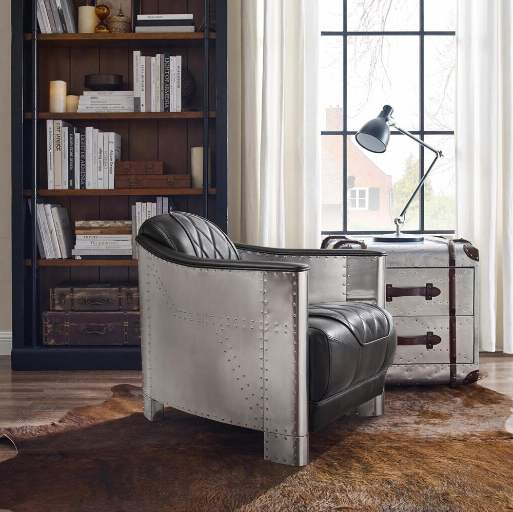 Volans Mid Century Modern Genuine Leather Accent Arm Chair with Vintage Alumi...