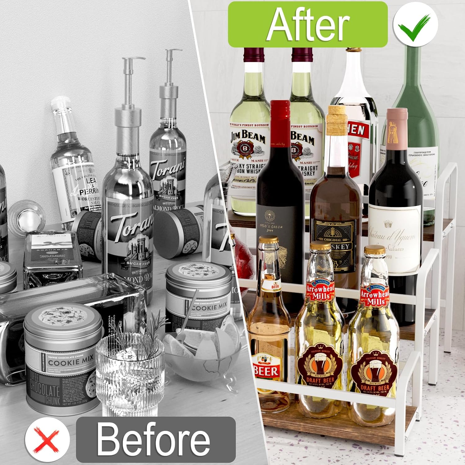 3-Tier Coffee Syrup Rack for Countertop, Large Capacity 12-Bottles Syrup Stand with Wood Shelf & Metal Frame for Coffee Bar, Premium White Coffee Organizer Station/Wine Rack for Kitchen Storage