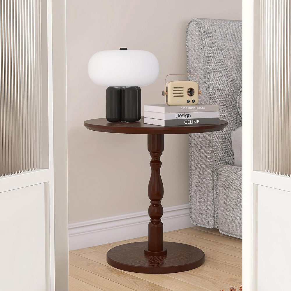 Round Side Table with Pedestal Base, 23.22" Wooden End Table, Coffee Tab...