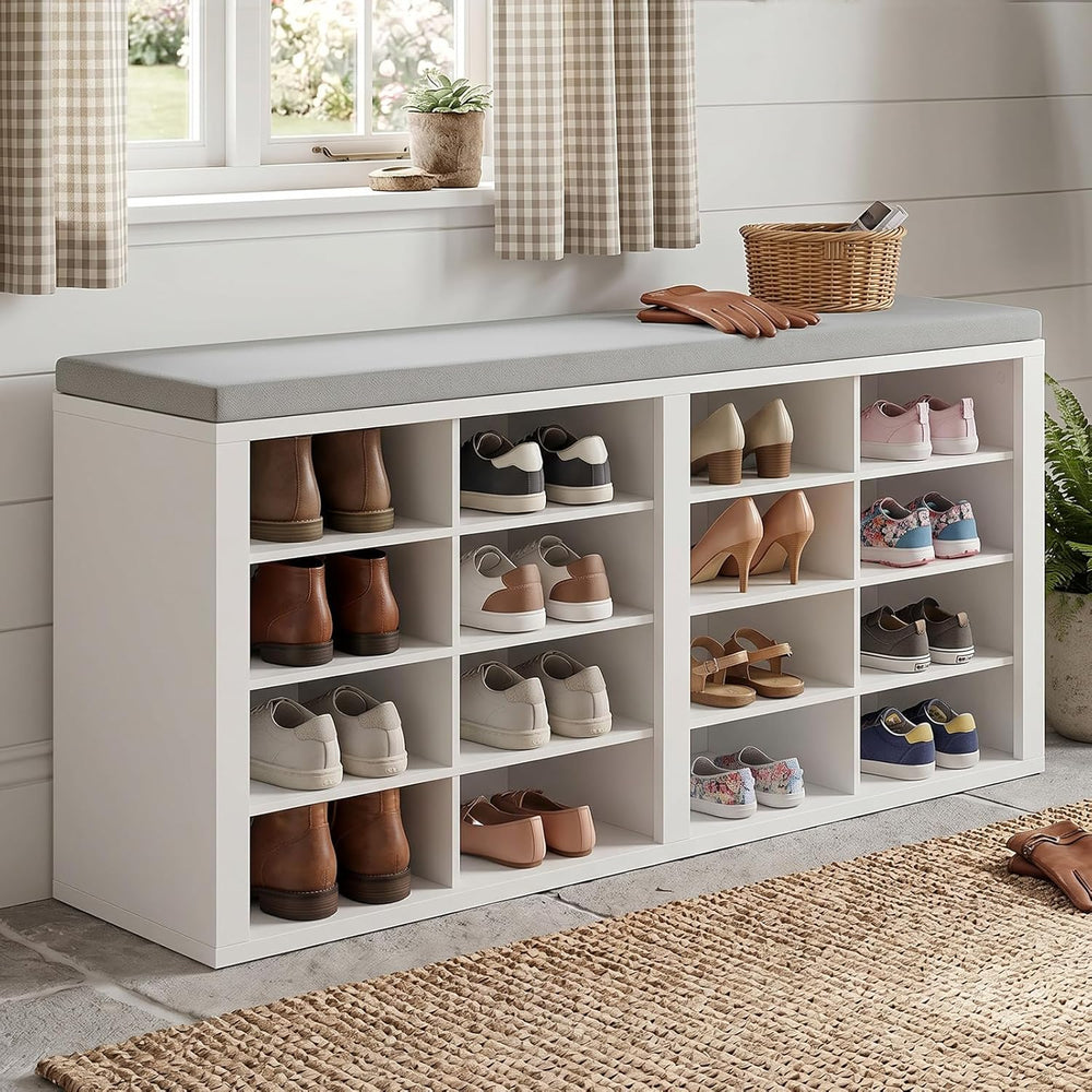 Shoe Rack Bench, Shoe Storage Bench with Cushion, Shoe Organizer 16 Cubbies f...