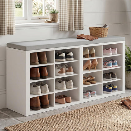 Shoe Rack Bench, Shoe Storage Bench with Cushion, Shoe Organizer 16 Cubbies for Entryway Hallway Bedroom Living Room, Holds Up to 400lbs