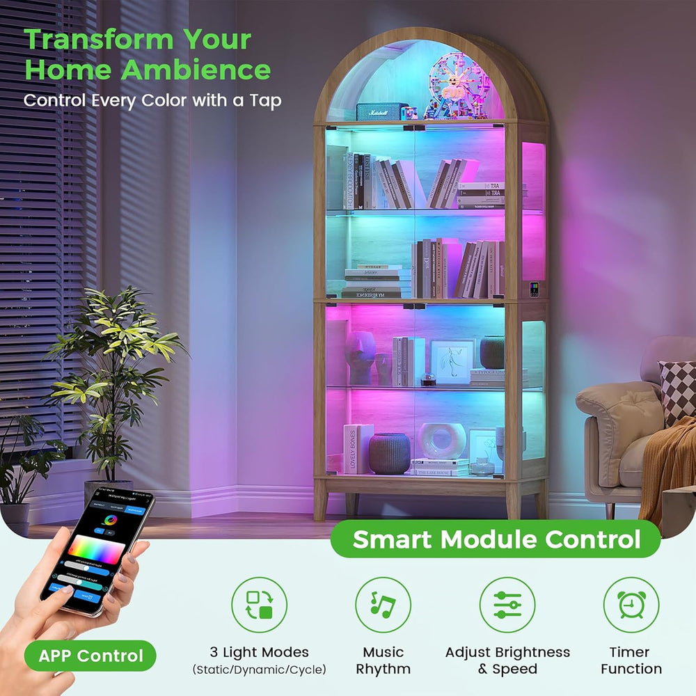 HNEBC Arched Display Case with RGB Lights, 69" Tall 5-Tier Tempered Glas...