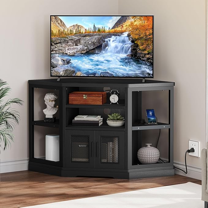 DWVO Corner TV Stand for 50 Inch TV, Farmhouse TV Stands for Living Room, Black Entertainment Center with Storage & Power Outlets, Wood TV Console Cabinet, Black