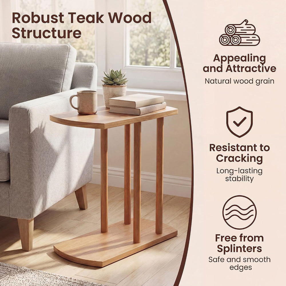 COSTWAY Solid Teak C-Shaped Side Table, Natural Slim 2-Tier End Table with Th...