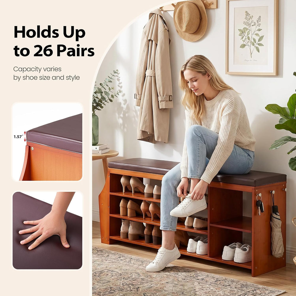 OAKHAM 50" Bamboo Shoe Storage Bench with Comfortable Padded Faux Leathe...